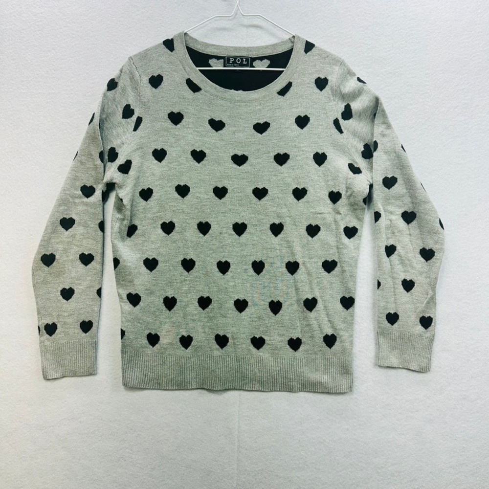 POL Sweater Womens Large Crewneck Grey Heart‎ Y2K Soft Girl Grunge Indie Preppy